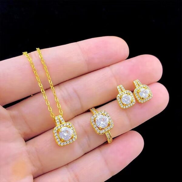Fashion Jewelry Set Zircon Gem Pendant Chain Choker Necklace For Women Gold Color Stud Earring Statement Wedding Ring - Image 3