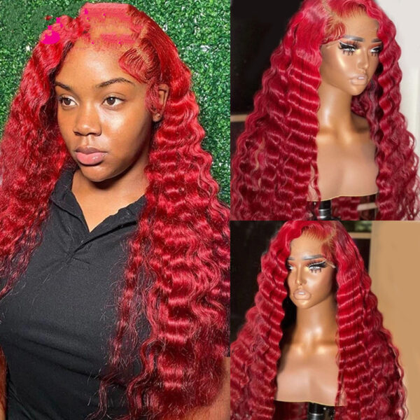 Red Deep Wave Human Hair Wig Real Headgear