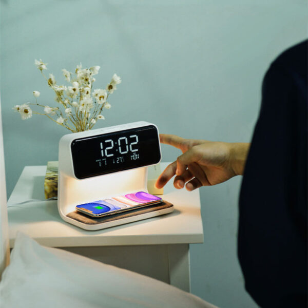 Creative 3 In 1 Bedside Lamp Wireless Charging LCD Screen Alarm Clock  Wireless Phone Charger - Image 2